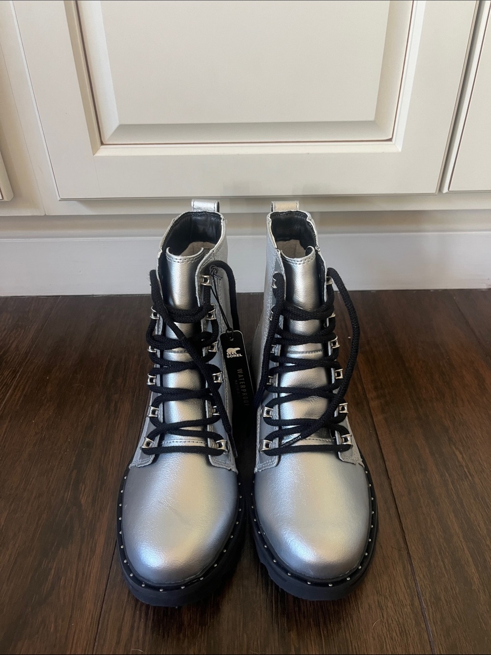 NWT SOREL Silver Metallic Lace-Up Combat Boots - Picture 2 of 7